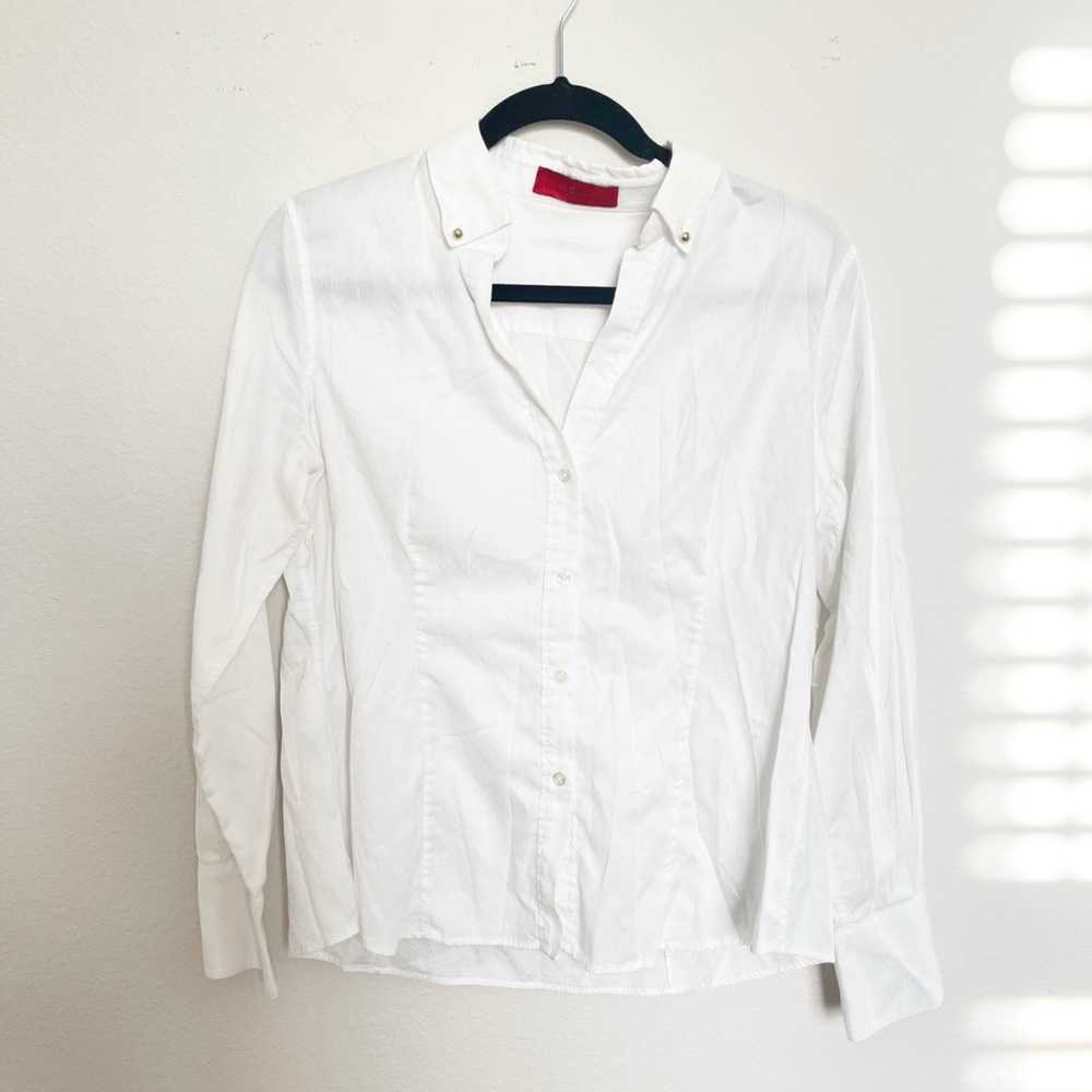 Carolina Herrera White Button Front Blouse Size 10 Long Sleeve Tailored Shirt